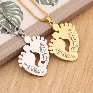 Custom Engraved Stainless Steel Baby Feet Name & Birthday Pendant Necklace